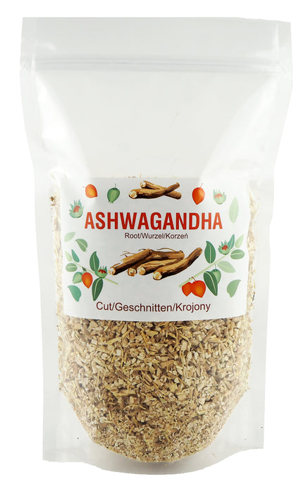 Eine Verpackung von Ashwagandha, auch bekannt als Indischer Ginseng, zeigt die getrockneten und geschnittenen Wurzeln von Withania somnifera, Gewicht 500g.