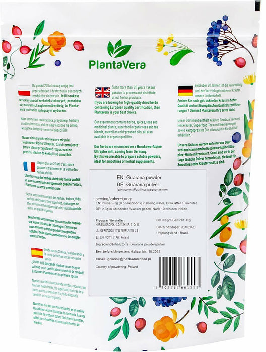 Rückseite einer Packung gemahlenes Guarana der Marke Planta Vera auf weißem Hintergrund.